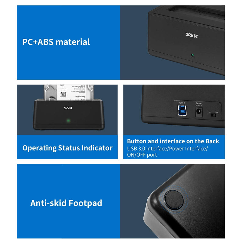 SSK USB 3.0 to SATA External Hard Drive Docking Station Enclosure Adapter for 2.5 & 3.5 Inch HDD SSD SATA, Super Speed up to 5Gbps, Support UASP no Drivers Needed(16TB Supports)