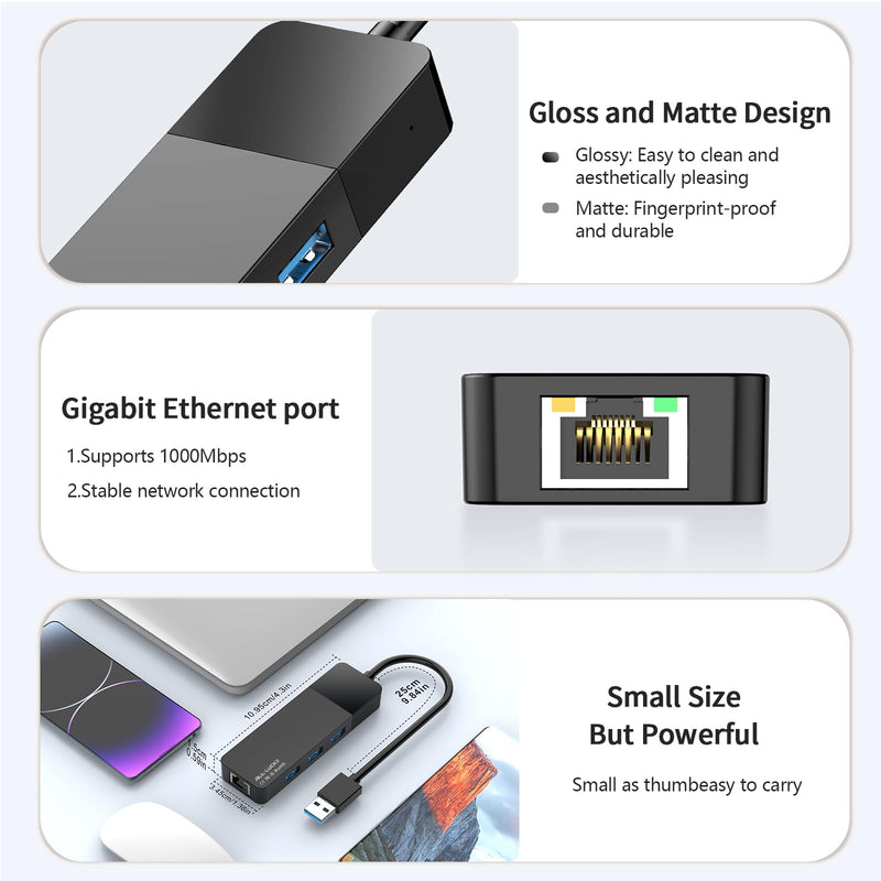 USB to Ethernet Adapter, 3xUSB 3.0 and 1000M RJ45 Network Hub for Laptop | 4-in-1 USB A Hub (Gigabit RJ45 & 3 USB-A ports) Plug & Play for Laptop/PC/MacBook/Surface/Dell XPS, Windows/Mac/Chrome OS 0.95FT -4 in 1 USB A to Ethernet Adapte