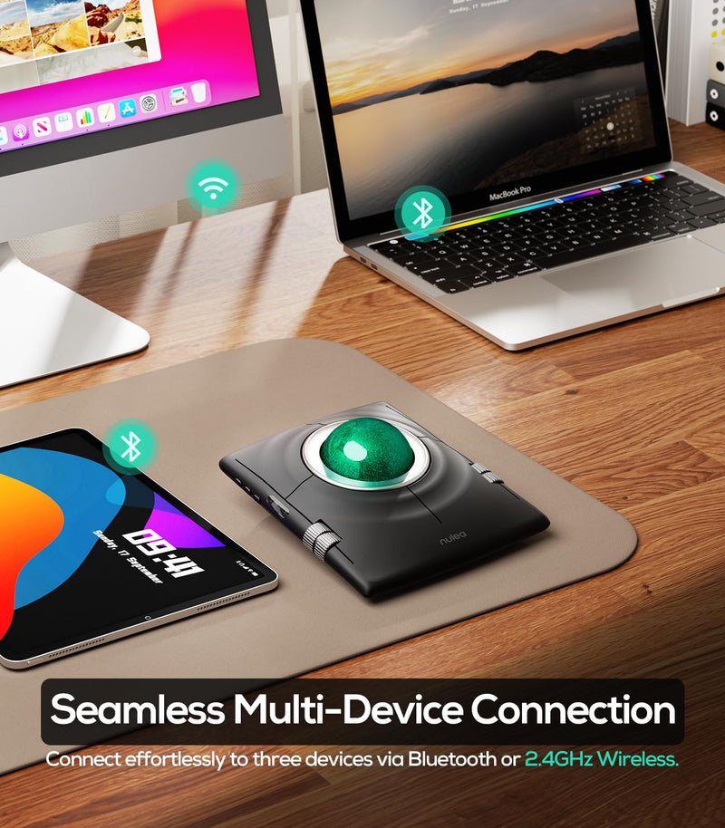 Nulea Wireless Trackball Mouse Ergonomic 55mm Large Ball Ambidextrous | Rechargeable mouse with free spin scroll wheel,quiet clicks,Bluetooth USB connection,smooth tracking,PC Mac compatible-Green Green