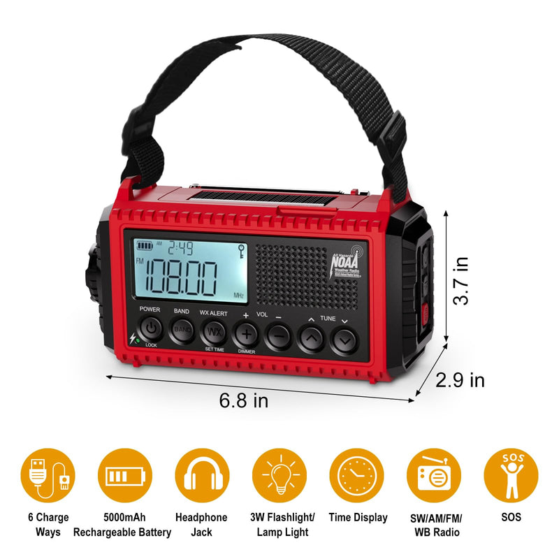 Raynic Emergency Radio, 5000mAh/18500mWh Weather Radio, Solar Hand Crank Emergency Radio with AM/FM/SW/NOAA, Cell Phone Charger, Headphone Jack, Flashlight, Type-C Charging and SOS Siren for Hurricane Red-LCD Display