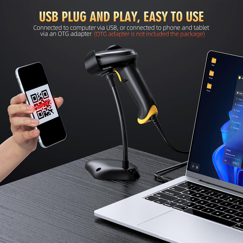 TEEMI 2D Barcode Scanner with Smart Stand USB Wired Handheld Automatic QR Data Matrix PDF417 OCR bar Codes Imager Global Shutter Computer Screen Scan for Windows Mac and Linux PC POS, Stand Included USB Wired with Stand