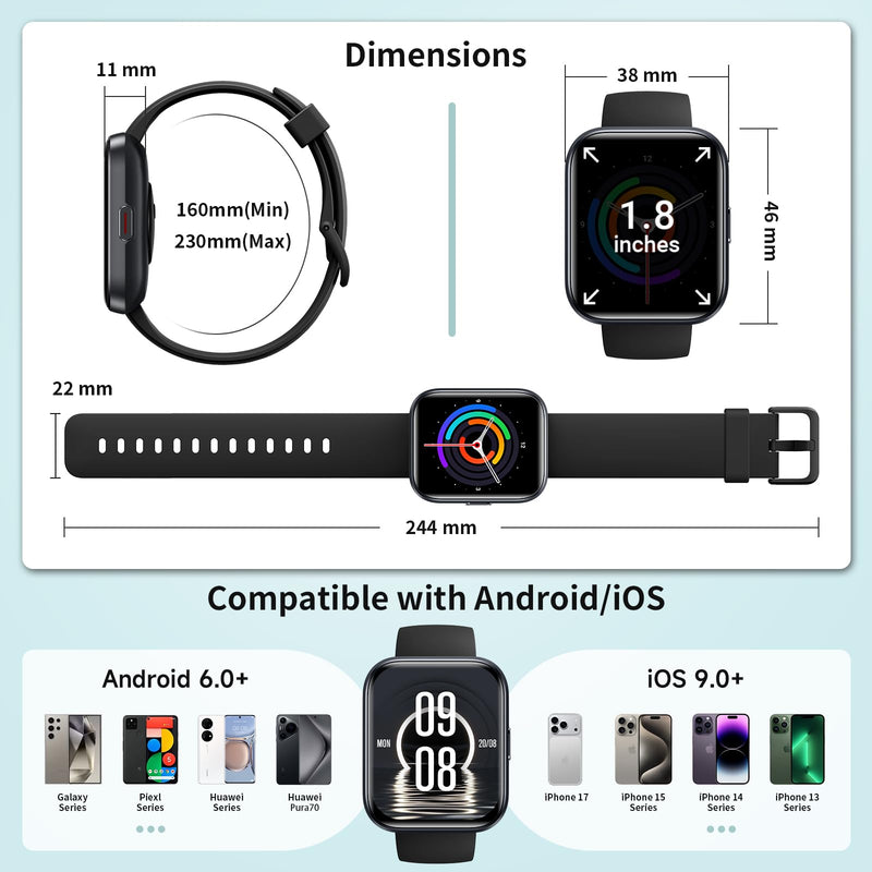 WNH Smart Watch for Men/Women Android & iPhone, 1.8" Touch Screen Fitness Tracker with Alexa, Call & Notification Alerts, Heart Rate/Sleep/SpO2 Monitor, Pedometer, IP68 Waterproof, 120+ Sport Modes Black