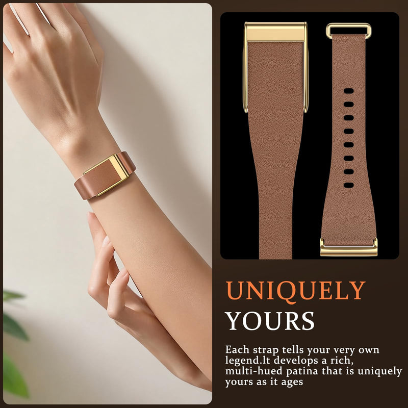 omee Leather Band Compatible with Whoop 5.0 Band Strap Men Women, Genuine Leather Rugged Durable Replacement Wristbands Straps for Whoop 5.0 Bands Brown Gold