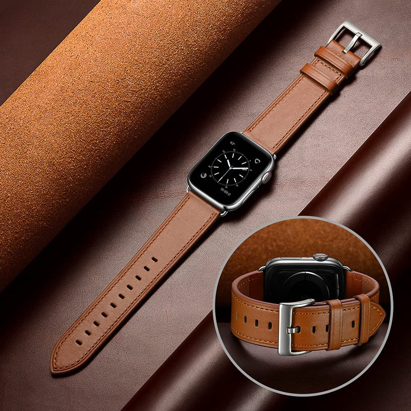 OUHENG Compatible with Apple Watch Band 42mm(Series 10) 41mm 40mm 38mm, Genuine Leather Band Replacement Strap Compatible with Apple Watch (Black/Black+Brown/Silver)
