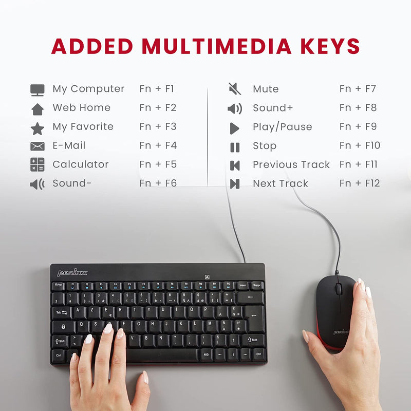 Perixx Periduo-212 Wired Mini Keyboard and Mouse Set, USB Connection, Black, US English Layout (11486)