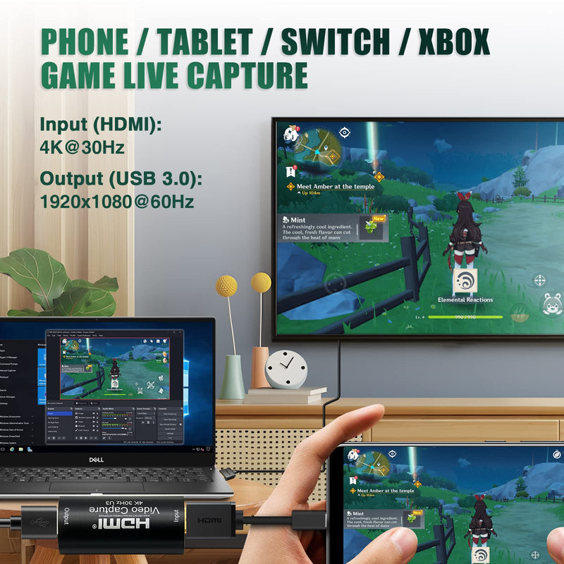 HDMI to USB 3.0 Video Capture Card, Cam Link 1080P60 Game Capture Card Device for Streaming Recorder, Live Broadcasting, Compatible with Nintendo Switch,Xbox,PS4 (VLC/OBS/Amcap) UCH701 USB 3.0 4K HDMI Video Capture Card
