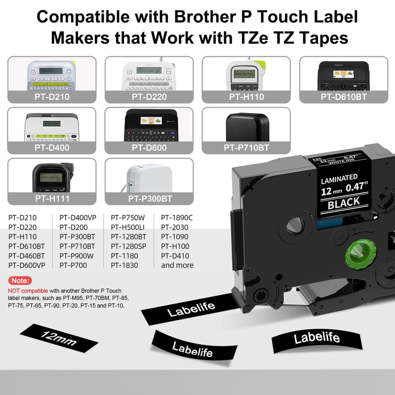 [AUSTRALIA] - Labelife TZe-335 Label Tape Replacement for Brother P Touch Label Tape White on Black TZe TZ Tape 12mm 0.47 Laminated Black Label Maker Tape TZe335 for Brother PT-D210 PT-D220 PT-H110 Labeler, 4-Pack 12mm 0.47 inch 
