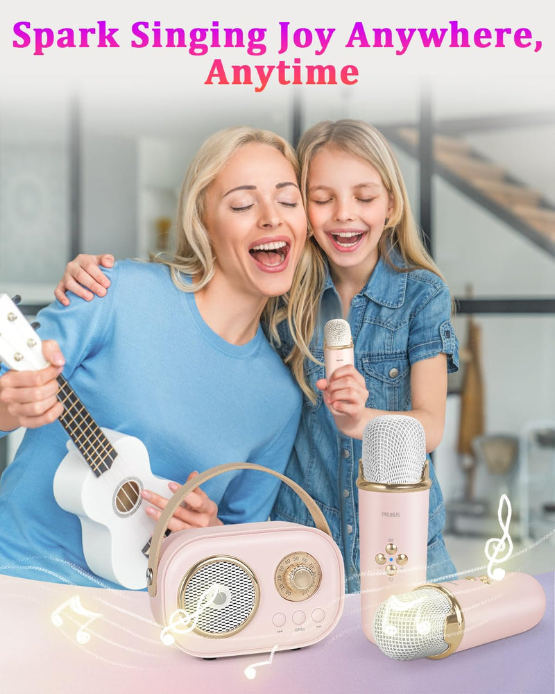 PRUNUS Mini Karaoke Machine for Kids&Adults,Portable Bluetooth Speaker with 2 Wireless Microphones and Stereo Sound Enhanced Bass,Toys for Girl 6 7 8 9 10 11 12 Years Old Home Party Birthday-Pink Pink-2 Mic
