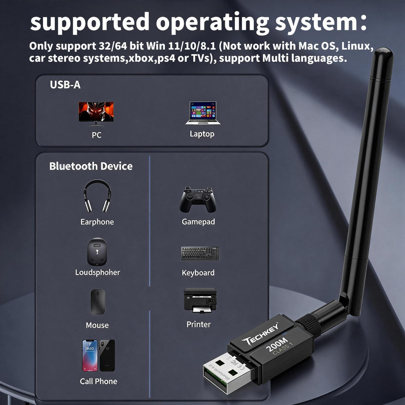 USB Bluetooth 6.0 Adapter for Desktop PC: Plug & Play 600FT Long Range Wireless Dongle with 5dBi Antenna for Laptop Windows 11/10/8.1, Pair BT Headphones/Headset/Speaker/Mouse/Keyboard/Print Servers 6.0BT black