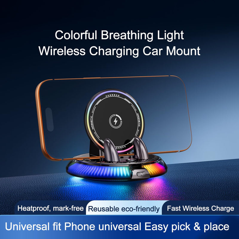 Wireless Car Charger Phone Holder for Dashboard,One-Hand Operation 15W | Fast Charging for MagSafe iPhone , 7-Color RGB Light On/Off, 360° Rotating View, Automatic Dual-Hook Locking