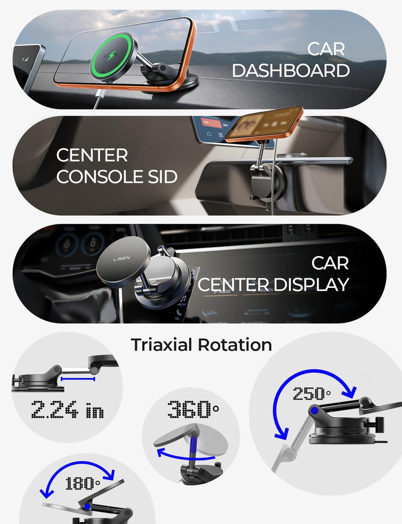 LISEN 15W MagSafe Car Mount Charger, Magnetic Wireless Car Phone Holder | [Easiest Mount] 96LBS Vacuum Suction Car Mount, 360° Magnetic Phone Holders for Your Car, for iPhone 17-12, Pixel 10, Samsung Black 1 Pack