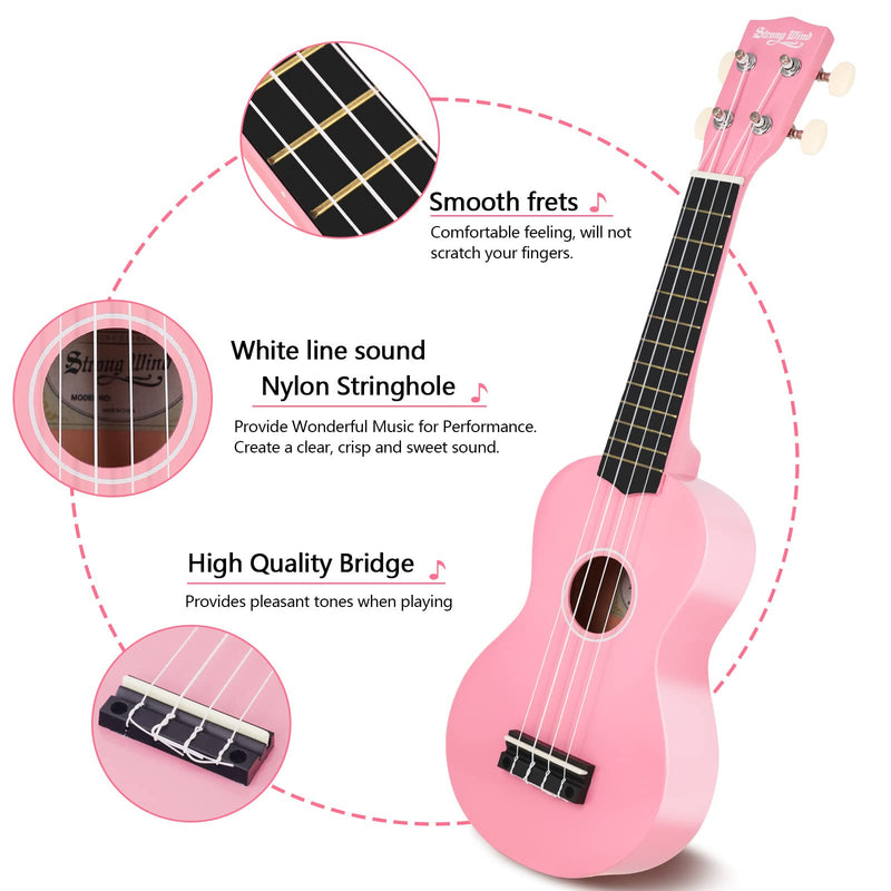 Strong Wind Soprano Ukulele 21 Inch Basswood Ukeleles for Beginners Four Strings Hawaiian Guitar Ukulele for Adults Teenagers Pink