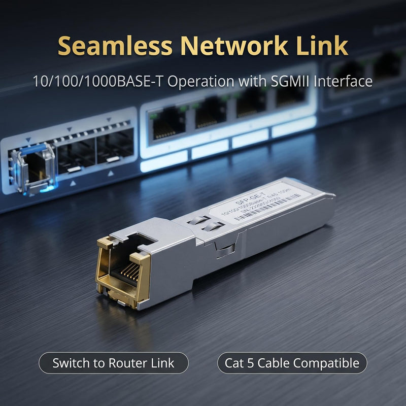 1.25G SFP to RJ45 Copper Transceiver Module, 10/100/1000BASE-T, Hot Pluggable, CAT5e UTP Cable, Up to 100m, Compatible with Cisco, TP-Link, D-Link and More