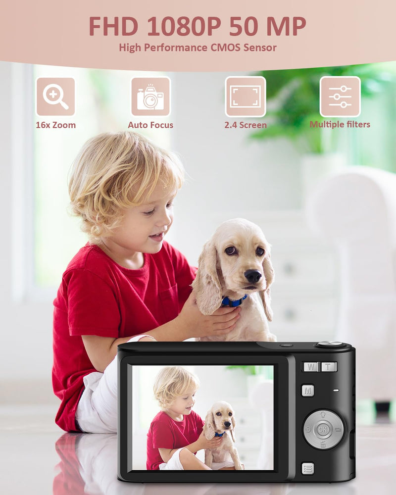 [AUSTRALIA] - Upgrade Digital Camera, Autofocus 50MP FHD 1080P Camera for kids with 16x Zoom Anti Shake, Compact Camera for Kid Student Children Teen Girl Boy, Kids Camera with 32GB SD Card,2 Batteries-Black Black 
