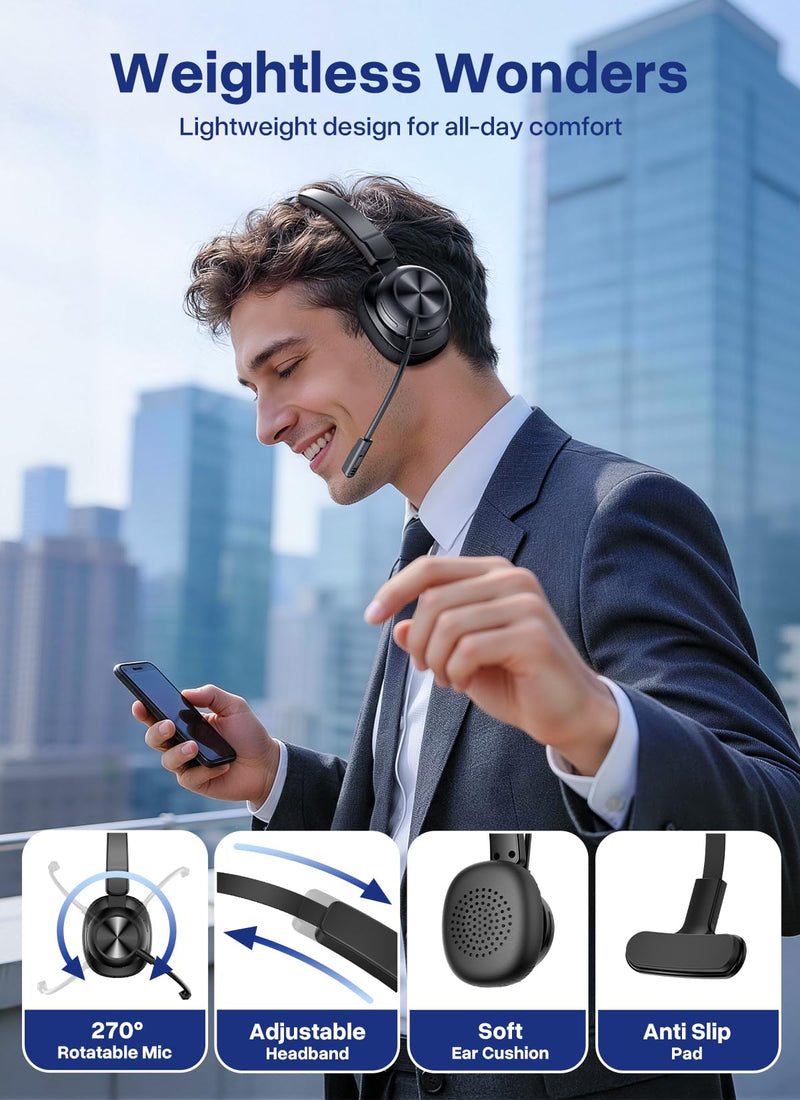 Trucker Bluetooth Headset, Wireless Headset with Microphone | USB Dongle, On Ear Bluetooth Headphones with AI Noise Cancelling 50H Playback Mute Button for Truck Driver Office Work, Black