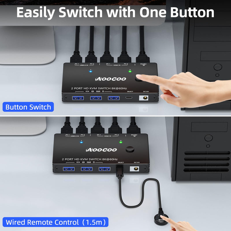 HDMI2.1 KVM Switch 2 Computers 1 Monitor, 8K@60Hz Single Monitor KVM Switch for 2 PC Share 1 Monitor and USB3.0 Devices, with USB Cables,Controller and Power Adapter Black 11cm HDMI KVM Switch 2 in 1 out