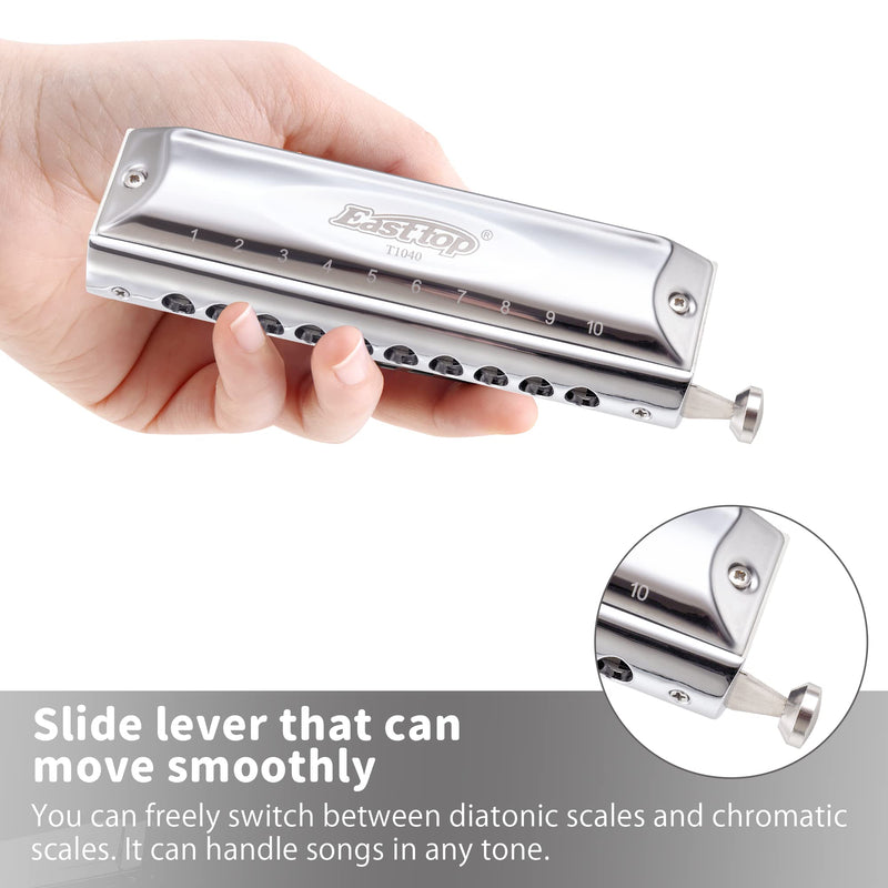 [AUSTRALIA] - Chromatic Harmonica Key of C,10 Holes 40 Tones Professional Mouth Organ with Slide for Beginners Adults, Professionals and Students by East top as a gift silver-40 