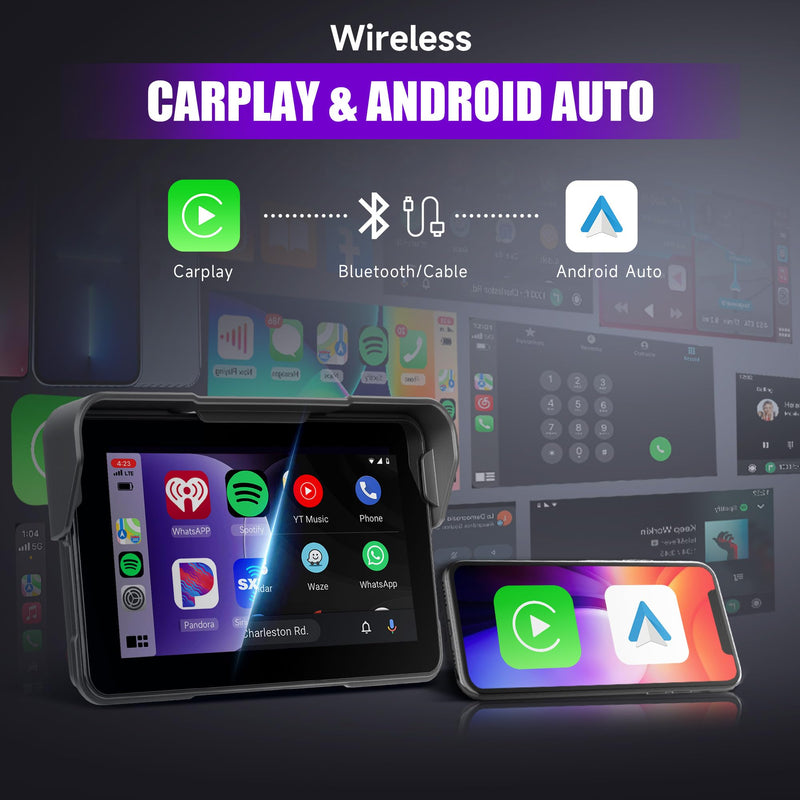 Rimoody 5 Inch Motorcycle Carplay Screen with Wireless Carplay Android Auto for Car, Bluetooth, GPS Navigation, EQ, IP67 Waterproof Touchscreen, Mirror Link, Voice Control