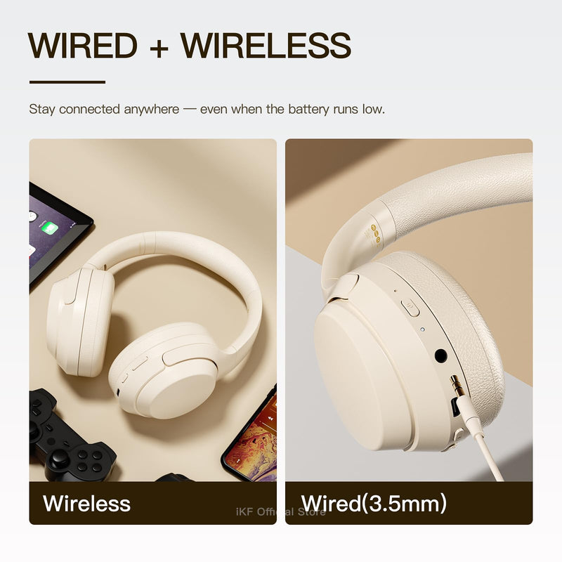 iKF T1 Pro Bluetooth Over-Ear Headphones, 100H Playback, 3.5mm Wired | HiFi Sound, Wireless Multipoint Connect, 38ms Low Latency, 40mm Custom Drivers, Foldable, Travel, Work, Gaming, Offwhite