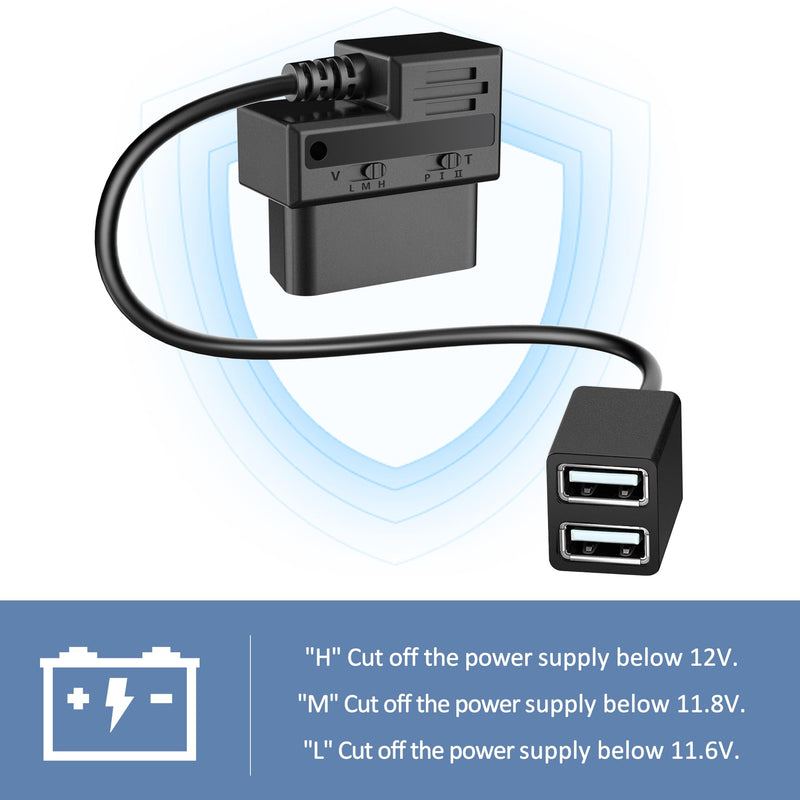 OBD Constant Power Cable for Dash Camera,Compatible with Garmin Dash Cam,OBDII Adapter Cable with Dual USB Interfaces,24 Hours Surveillance/Acc Mode with Low Voltage Protection 11.6-36V to 5V 3A OBD Constant Power Cable