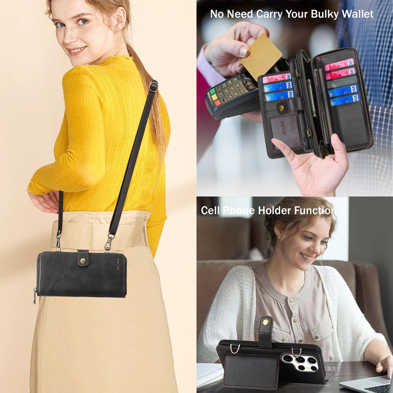 for Samsung Galaxy S24 Ultra Wallet Case,Multi-Function Wallet Case, Detachable 3 in 1 Magnetic Galaxy S24 Ultra Case Wallet,Flip Strap Zipper Card Holder Phone Case with Shoulder Straps(Black) Black