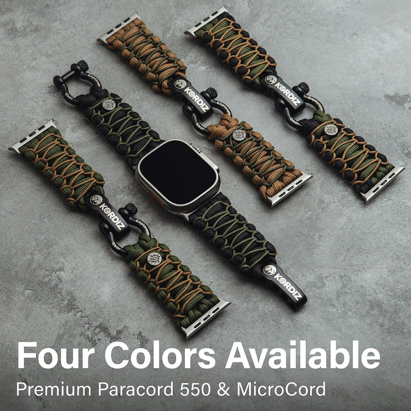 KORDIZ Survivor Pro - Nylon Paracord band for Apple Watch ULTRA 3, ULTRA 2/1 [49mm] & Series 11, 10, 9, 8, 7-1, SE3, SE2, SE [46mm 45mm 44mm 42mm] - with Stainless Steel Adjustable Shackle Black/Green & Micro Coyote Ultra Silver | Size M