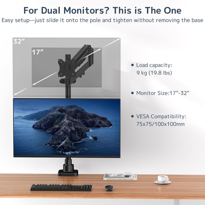 Height Adjustable Pole Mount Monitor Arm for 17"-32" with Gas Spring | Universal Full Motion TV Pole Mount Holds up to 19.8 lbs, VESA 75x75 and 100x100mm, Black