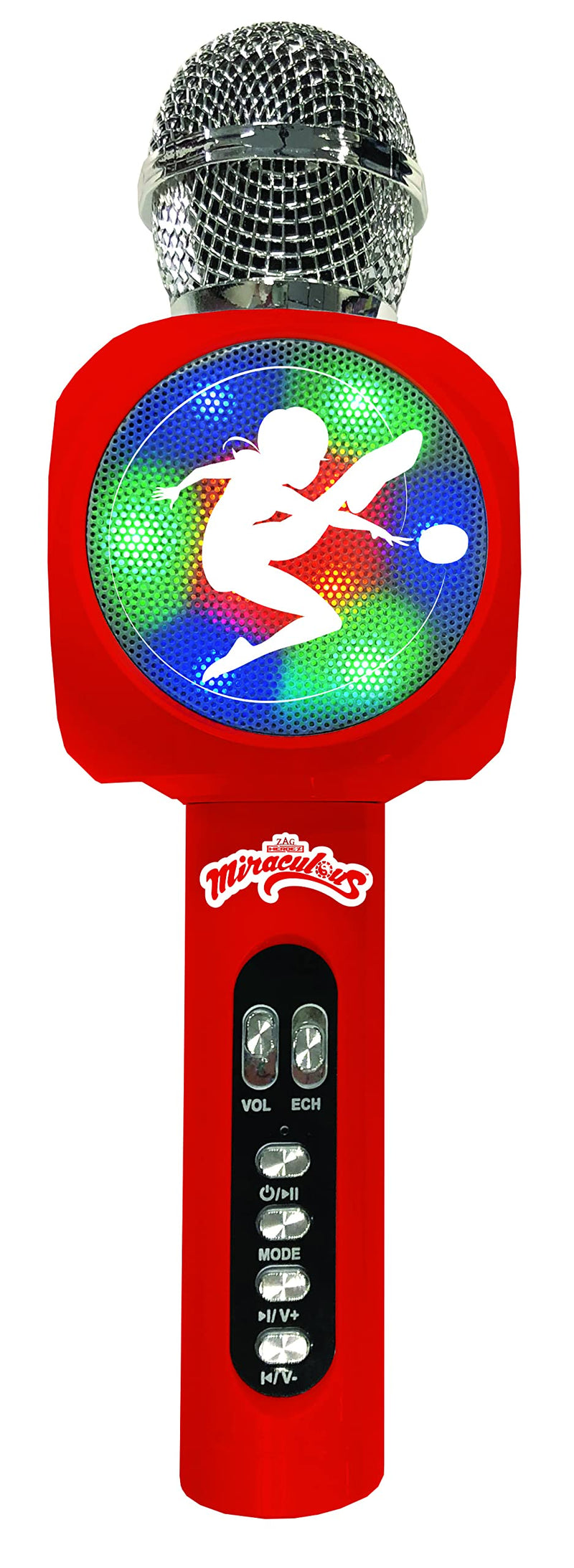 LEXiBOOK Miraculous Wireless Microphone with Speaker and Lights, Bluetooth®, Voice Change Function, Light Effects, Micro SD Port, USB, Silver/red, MIC260MI
