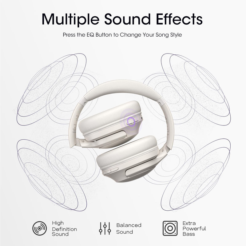 Bluetooth Headphones, 80H Playtime Headphones Wireless Bluetooth with 3 EQ Modes, Over Ear Headphones with Microphone, HiFi Stereo Sound, Foldable Headphones for PC Phone TV (Light Gray) Light Gray