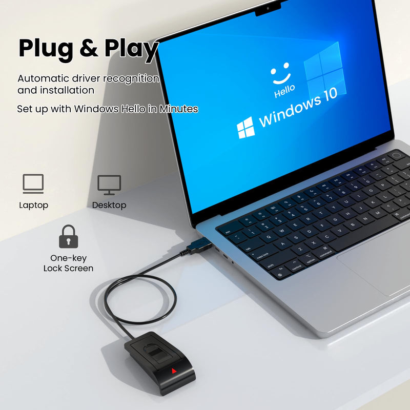 [AUSTRALIA] - USB Fingerprint Reader for Windows 10/11 ONLY, Windows Hello Fingerprint Scanner for PC Login, Match-in-Sensor Security, Plug & Play, 4ft Extension Cable (Not for Mac/Linux) Black 