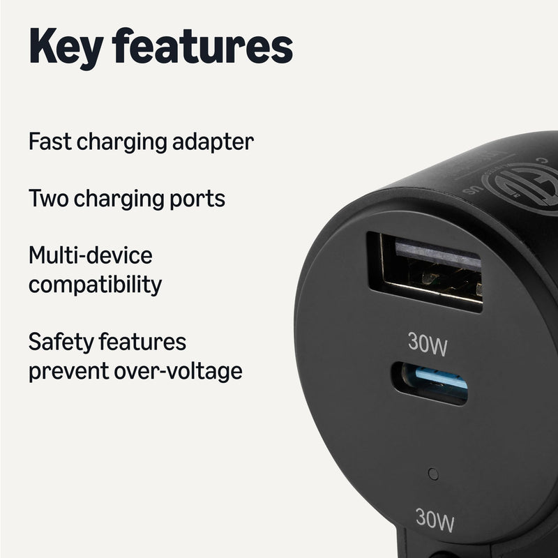 Amazon Basics Fast-Charging Car Charger, 60W, 1 USB-C Port (30W), 1 USB-A Port, 1 Built-in Coiled USB-C Cable (30W), Black USB A+USB C (with built-in coiled cable)