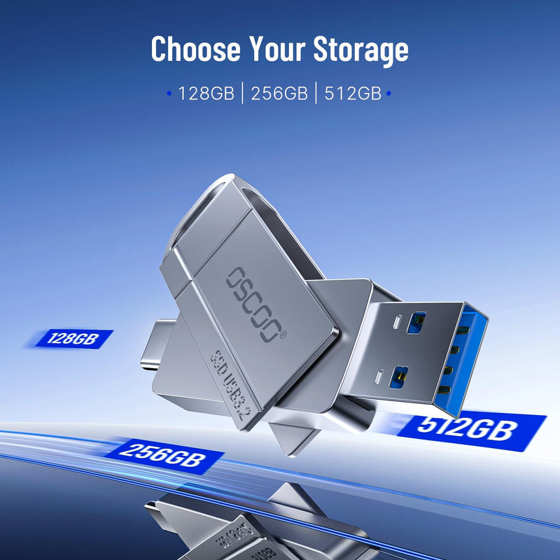 256GB USB SSD Drive, Up to 550MB/s Dual USB-A & C Thumb Drive | Compatible with Android, PC, Mac, iPhone 15/15/16, Backup, Dual-port, Zinc Alloy Housing, Swivel Design 256.0 GB 5Gbps