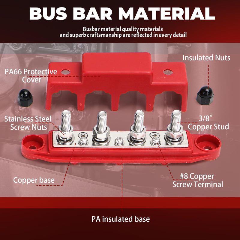 Power Distributor Busbar Block, 12V-48V DC, 250A, 4M8 Terminal Bolts, Pack of 2, Black/Red (A-Black and Red) A-Black and Red