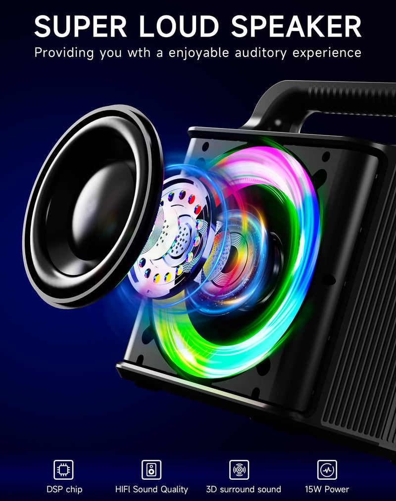 SINWE Portable Karaoke Machine with 2 Wireless Microphones - Bluetooth Singing Device with Colorful Lights & 15W Speaker for Christmas, Birthday Parties, Weddings & Home Entertainment