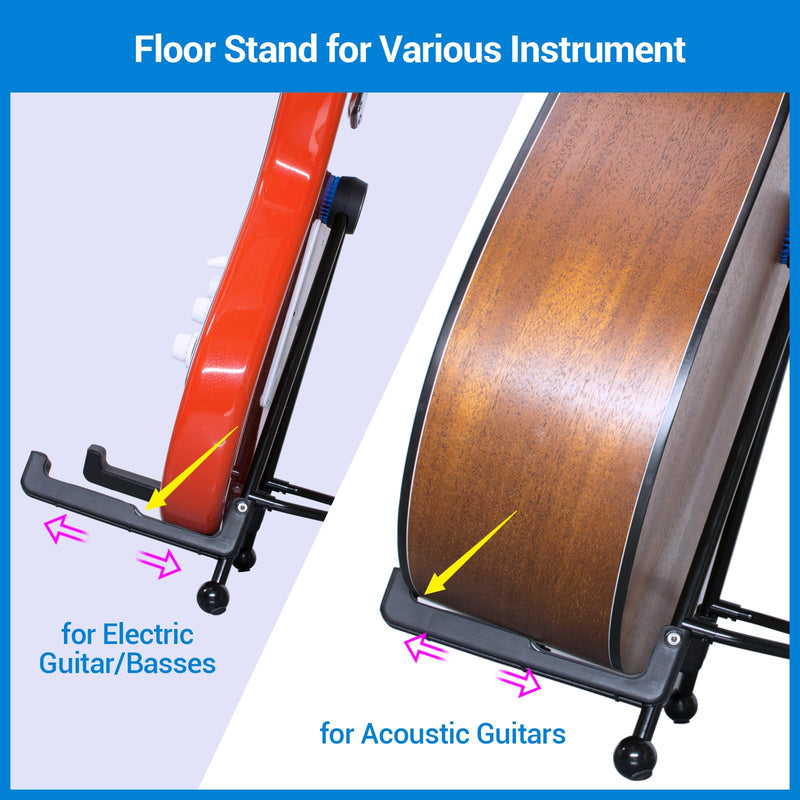 Guitar Stand - Foldable Guitar A-Frame Stand, Portable Solid Steel Guitar Floor Stand for Acoustic/Classical Guitar, Electric Guitar Bass, Banjo, Ukulele, with Non-Slip Rubber and Silicone Pad (Black) Guitar Stand