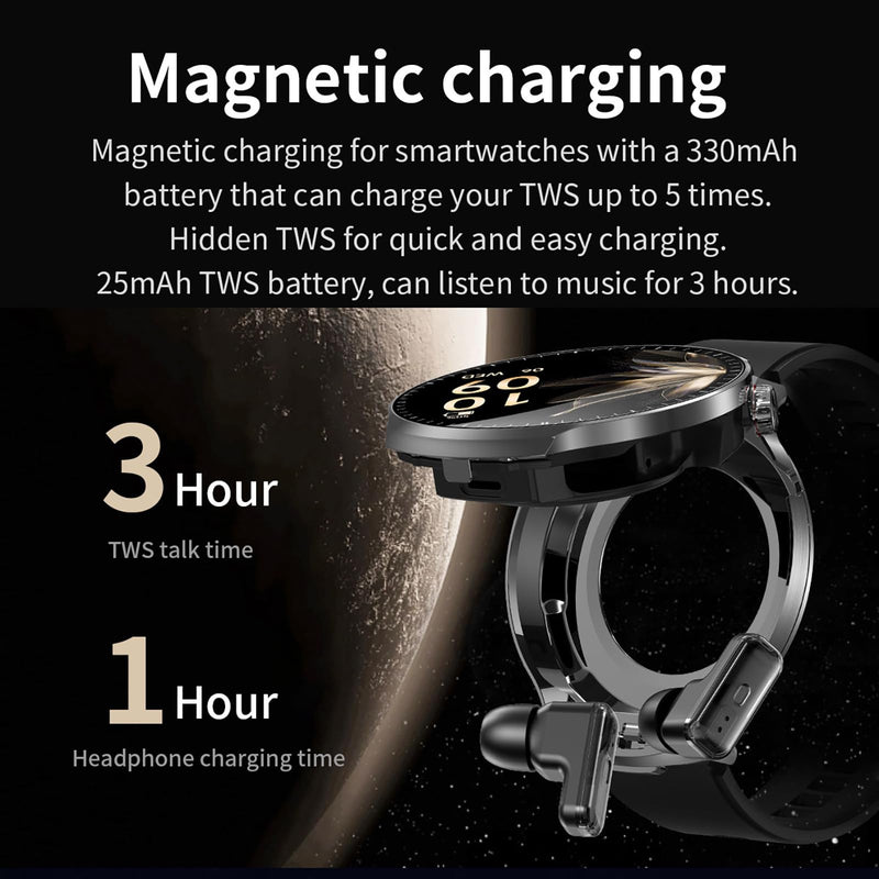 Smart Watch with Bluetooth Earbuds, 1.85-Inch Round HD Screen, Military Style, IP67 Waterproof, 100+ Sports Modes, Heart Rate Monitor, Sleep Tracker, Music Control Black