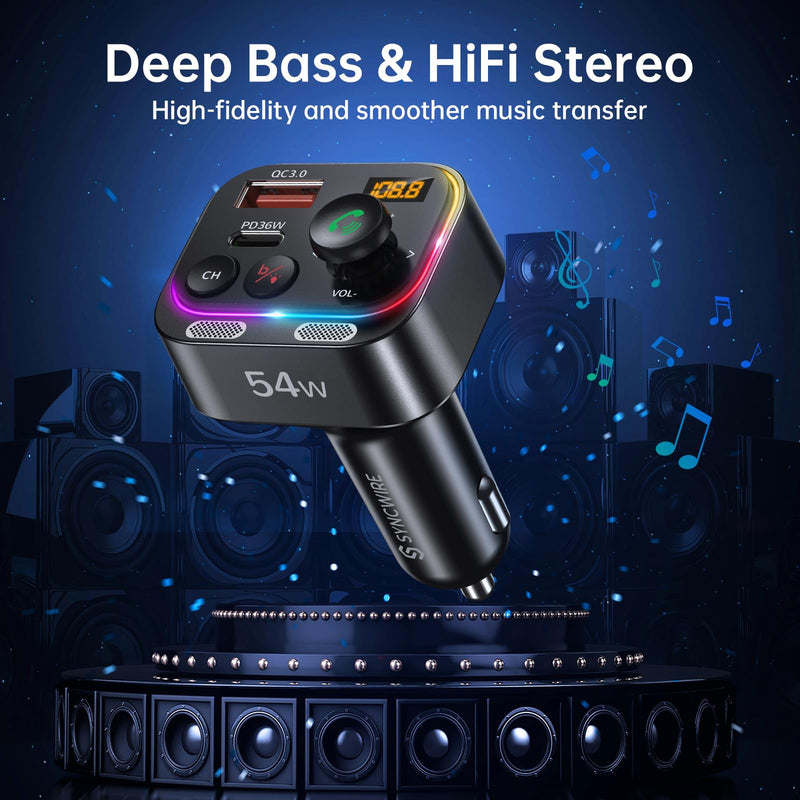 [AUSTRALIA] - Syncwire Bluetooth 5.4 FM Transmitter Car Adapter 54W (PD 36W & 18W) [Stronger Dual Mics] [Light Switch] [HiFi Bass Sound] [Fast Charging] Wireless Radio Receiver Hands-Free Calling LED Display Black 
