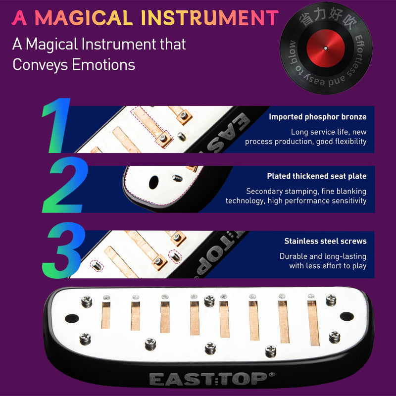 [AUSTRALIA] - East top 8 Hole Blues Harmonica, G Key Diatonic Mouth Organ Harmonica For Adults, Beginners, Professionals and Students, as a Gift,silver 