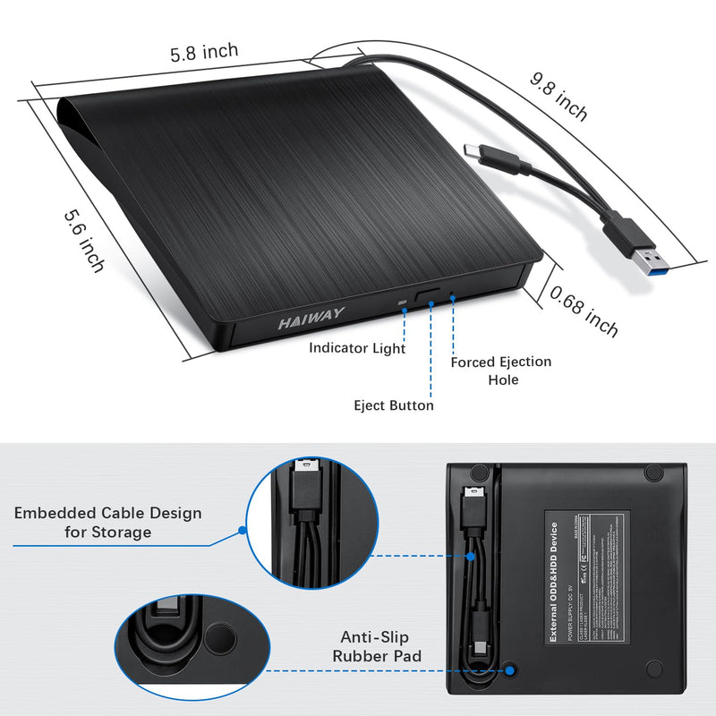 [AUSTRALIA] - Haiway External DVD Drive, USB 3.0 Type-C CD Burner Portable CD DVD +/-RW Optical Drive Slim CD DVD ROM Rewriter CD/DVD Player Writer Reader for Laptop Desktop MacBook PC Windows Linux Mac OS (Black) USB 3.0 USB-A & USB-C BK 