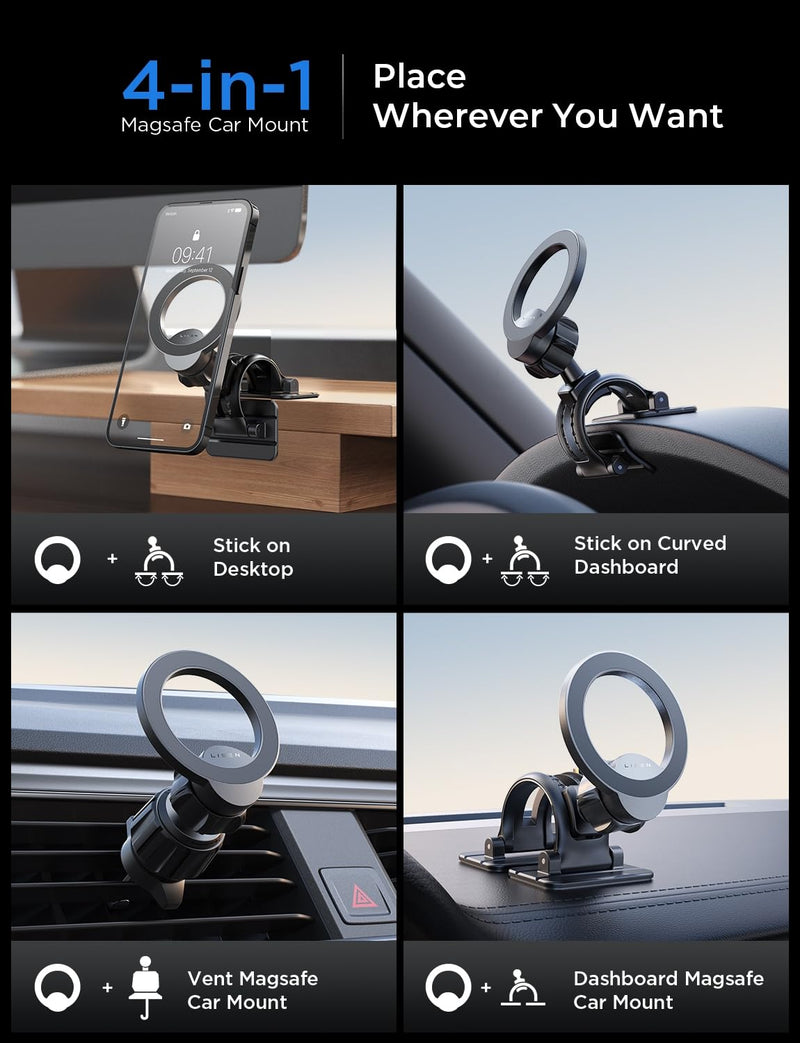 LISEN Flexibly Install for MagSafe Car Mount, 360° Rotation Magnetic Phone Holder for Car, Hands Free iPhone Car Holder Mount Dash Vent Phone Mount for Car for iPhone 15 14 13 12 Pro Max Plus Mini Dashboard & Vent