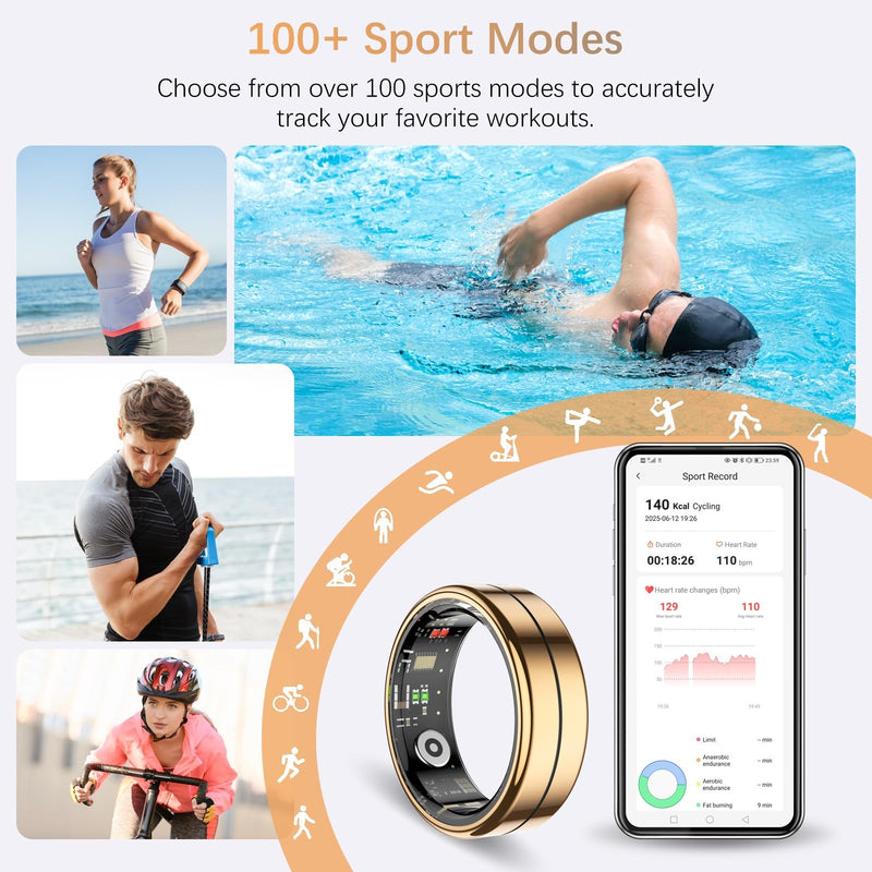 Fit Ring for Women Men, Ring Health Tracker with Heart Rate,Blood Oxygen,Heart Rate Variability, Stress, Sleep Monitor, Step Counter, Smart Ring for iPhone & Android, No Subscription Fee (Gold, 11#)