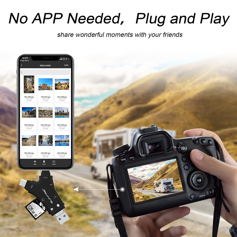 SD Card Reader for iPhone / ipad / Android / Mac / Computer / Camera,4 in1 Micro SD Card Reader Trail Camera Viewer, Portable Memory Card Reader SD Card Adapter Compatible with SD and TF Cards(Black) black