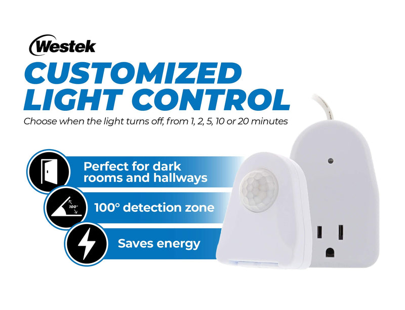 [AUSTRALIA] - Westek Plug In Motion Sensor Outlet Light Control, 2 Pack - Indoor Motion Sensor Device Activates Lights When Motion is Detected - Ideal for Dark Hallways - 25ft Range, 6 Foot Cord (MLC12BC-4) 