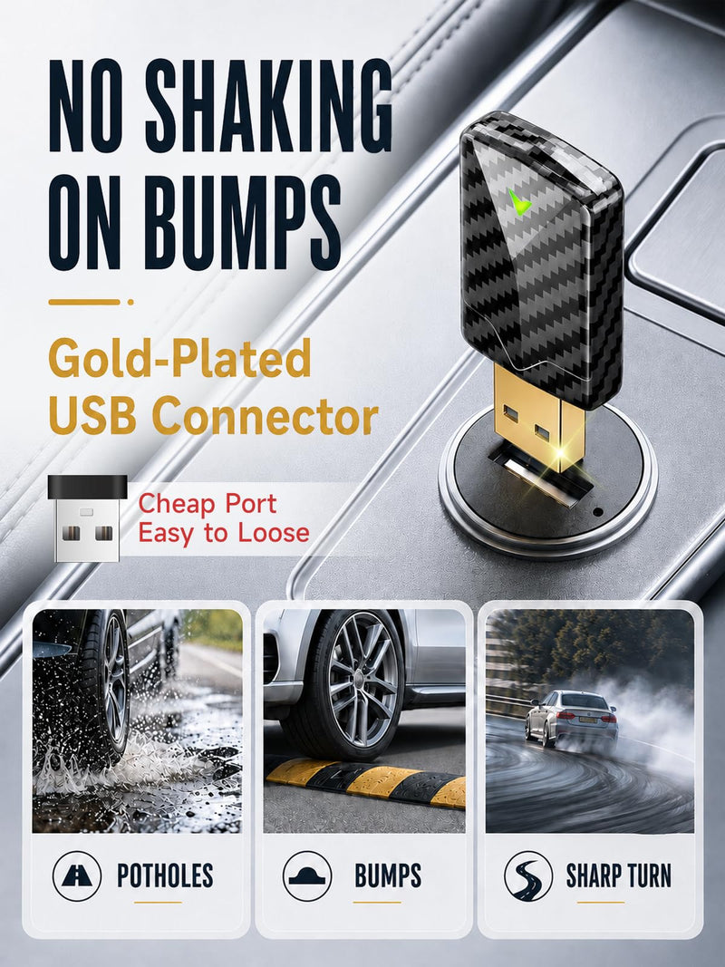 Wireless CarPlay Adapter - Convert Wired to Wireless, Fast Auto Connect and No Lag, Plug & Play USB with Gold-Plated Connector, Carbon Fiber Design, Compatible with iPhone 6 or Above
