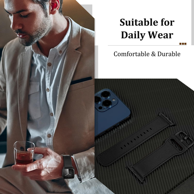 Compatible with Apple Watch Bands 42mm (Series 10) 41mm 40mm 38mm for Men Women, Top Grain Genuine Leather Band Strap Wristband for iWatch, Black/Black+Retro Brown/Black
