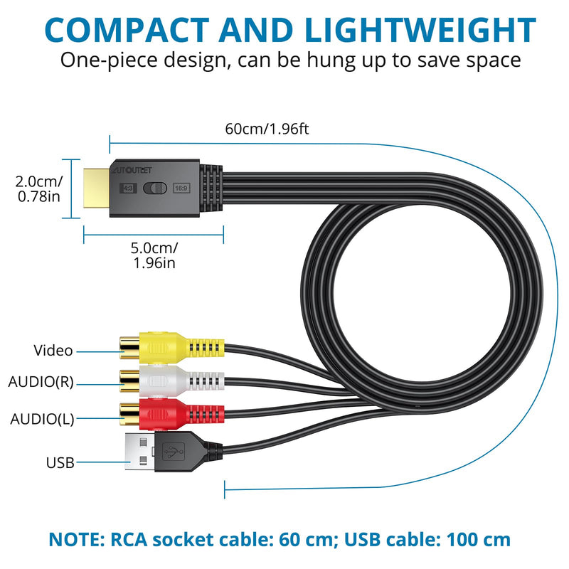 AUTOUTLET RCA to HDMI Converter with Aspect Ratio Switch (4:3/16:9), 1080P/720P AV to HDMI Composite CVBS Video Audio Adapter Supports PAL/NTSC for Wii/N64/PS2 EFU117