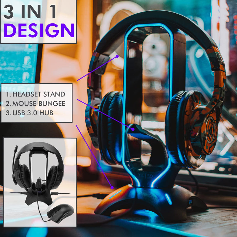 Tilted Nation RGB Headset Stand and Gaming Headphone Stand for Desk Display with Mouse Bungee Cord Holder - Gaming Headset Holder with USB 3.0 Hub for Xbox, PS4, PC - Perfect Gaming Accessories Gift Black