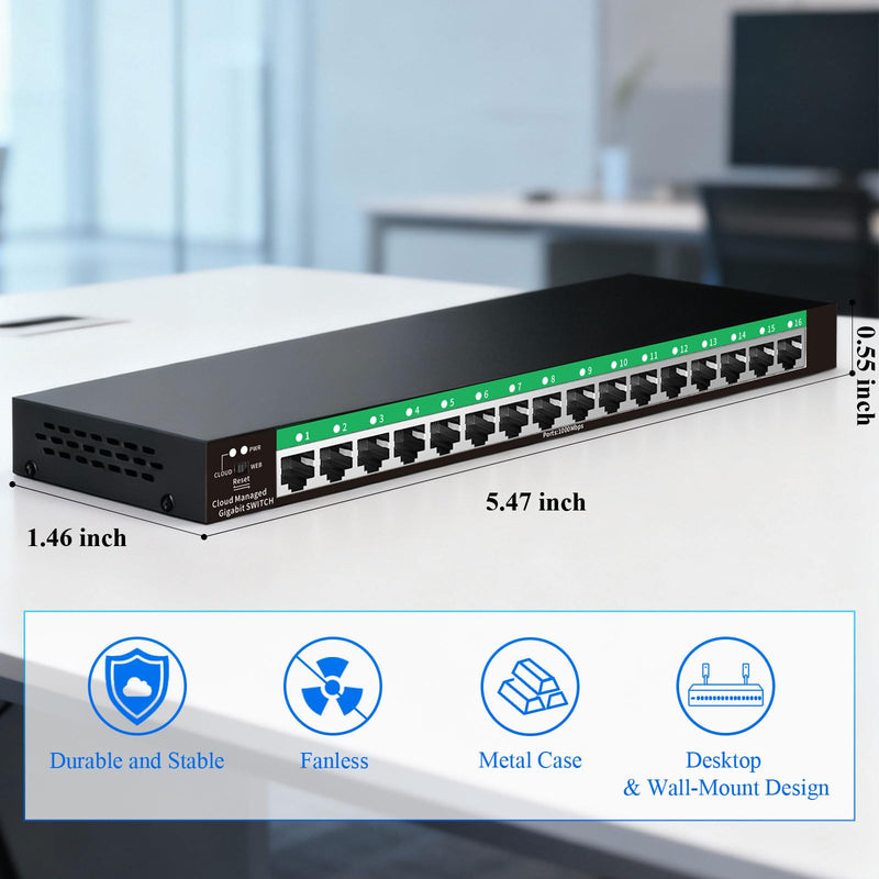 STEAMEMO 16-Port Gigabit Managed Switch | Web Smart Ethernet Switch with VLAN & QoS | Fanless Metal Housing | Desktop/Wall Mount | Enterprise Network Switch for Small Business, Home Office 16 ports |Easy Managed