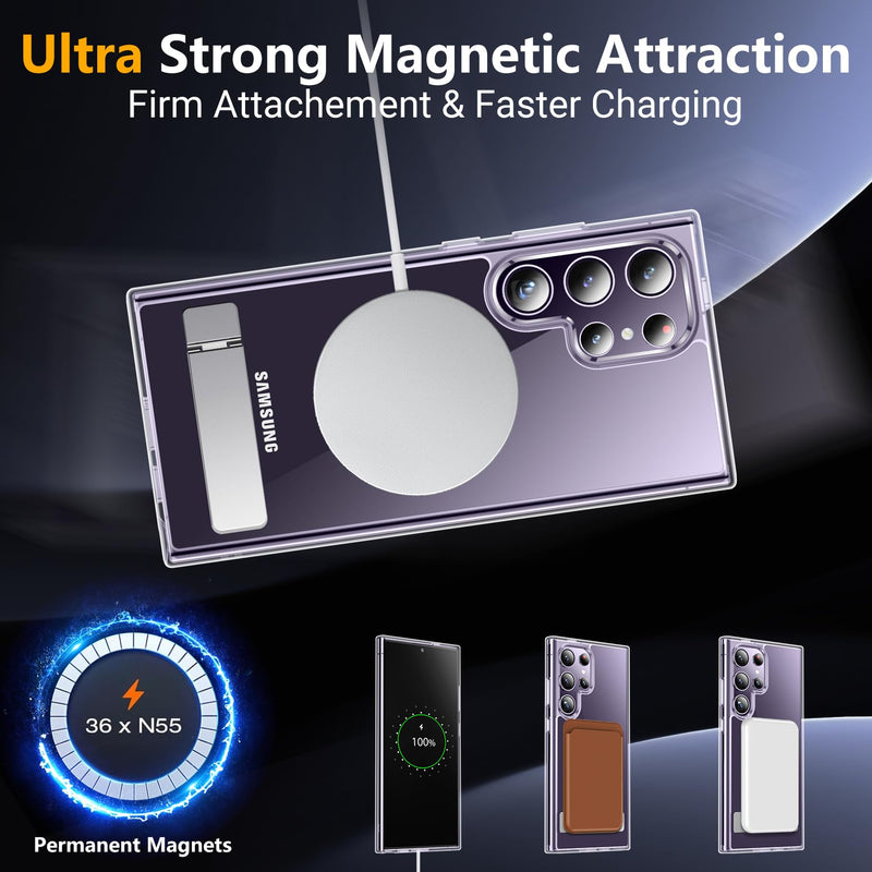 SPIDERCASE Magnetic for Samsung Galaxy S24 Ultra Case, [3 Stand Ways][ Military Grade Drop Protection] with Invisible Stand Shockproof Slim Case for Samsung S24 Ultra 6.8",Clear Clear