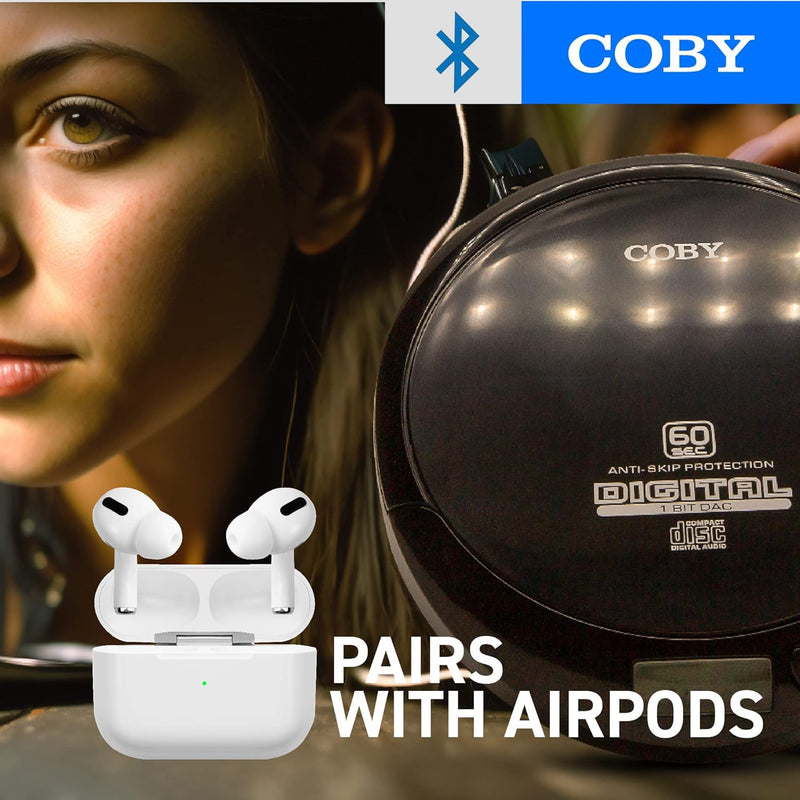 Coby CD Player Portable CD Player with Bluetooth, Earbuds, FM, AUX, MP3 Anti-Skip Compact Discman | Rechargeable, Lightweight CD Player for Car, Home